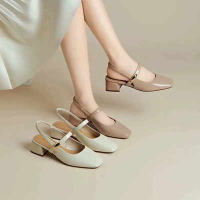 法式仙女风粗跟包头凉鞋女2025夏季新款网红中跟方头单鞋6093