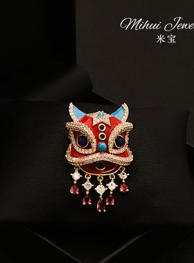 艺术国潮醒狮胸针女中国年红色喜庆立体宝石镶嵌胸花大衣配饰礼物