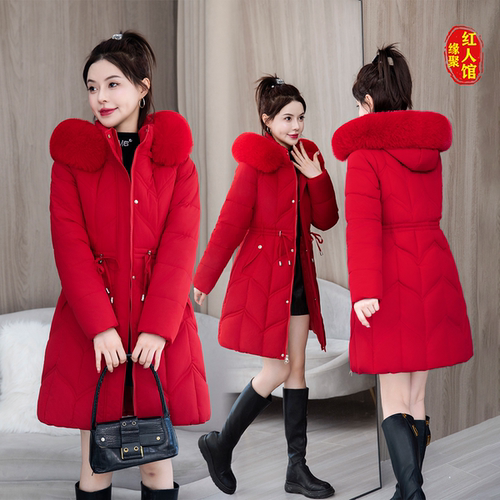 大毛领红色羽绒棉服女中长款冬季2024新款加厚结婚喜庆新娘大棉袄