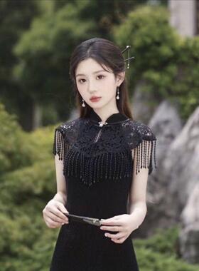 白色云肩玉珠中式复古旗袍汉服搭配披肩吊坠外搭刺绣国风流苏坎肩