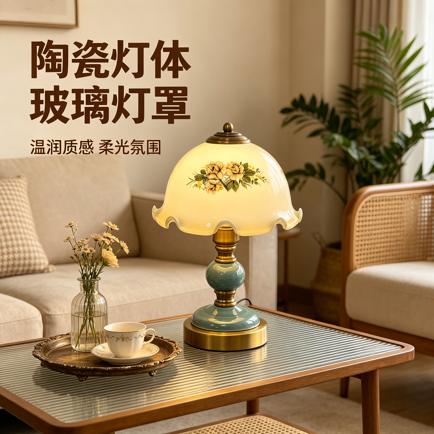 陶瓷台灯现代复古家用客厅书房书桌卧室床头灯简约温馨装饰氛围灯