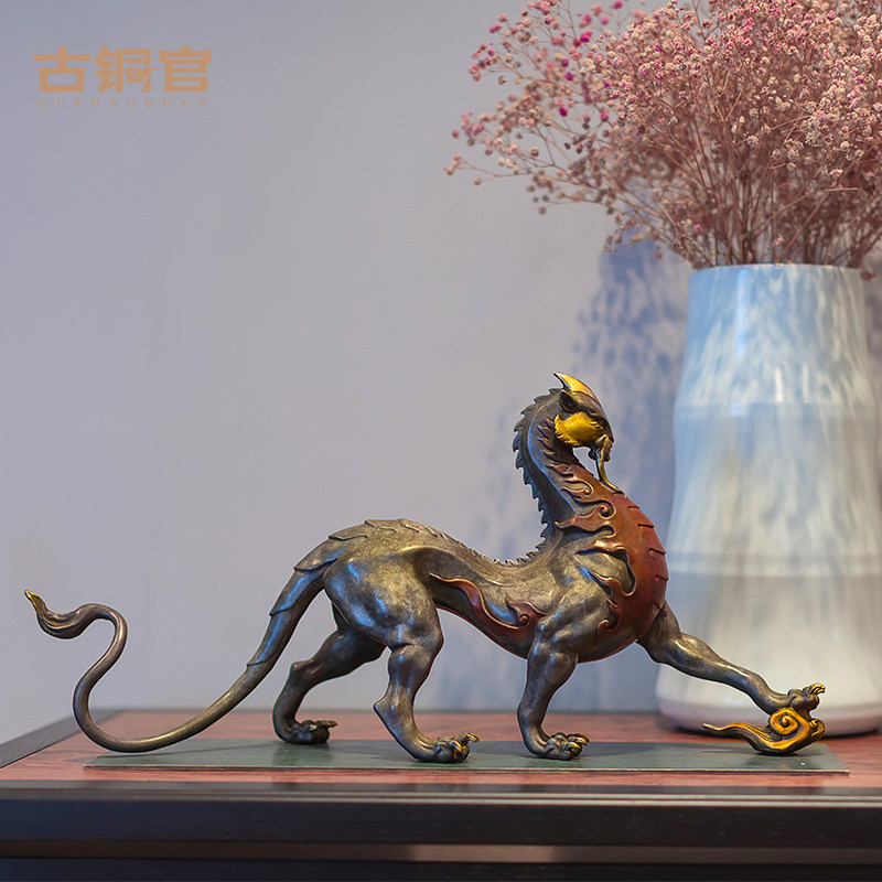 古铜官 山海经上古神兽狮子摆件铜工艺品客厅玄关办公桌高档礼品