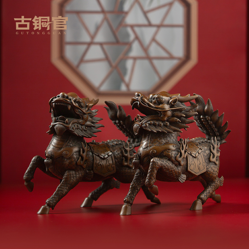 火麒麟摆件一对紫铜工艺品办公室客厅玄关家居装饰品桌面高档礼品