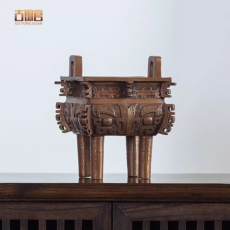 紫铜愚方鼎 仿古青铜器摆件复古客厅办公桌家居摆设乔迁新居礼品