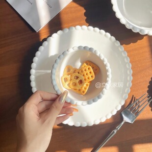 ins韩国风复古纯白珍珠盘子甜品盘西餐盘糕点盘小碗早餐陶瓷餐具