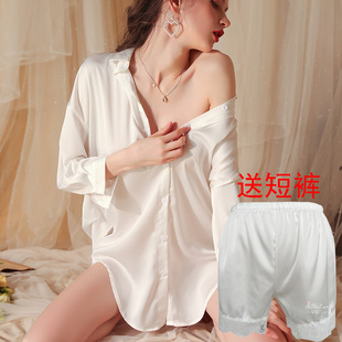206 套装 美诗兰性感睡衣女春夏冰丝男友风衬衫 加短裤