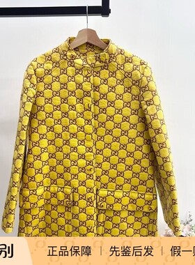 99新 Gucci 黄色 满logo 大衣 毛呢外套长袖时尚气质休闲印花女装