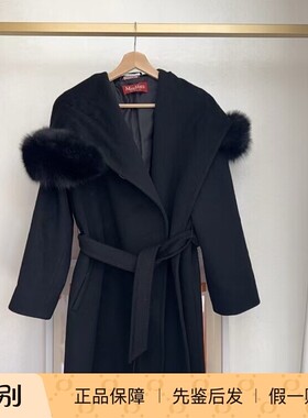 99新 Maxmara 黑色 狐狸毛领 大衣 F36码毛呢外套长袖腰带翻领