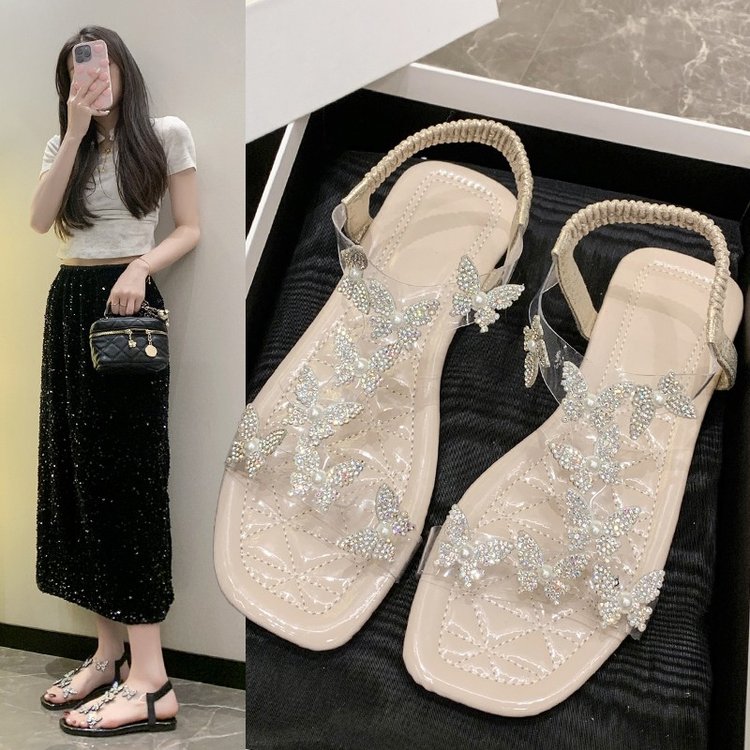 凉鞋女鞋2025新款夏季外穿配裙子法式绝美夏天仙女风百搭平底水钻
