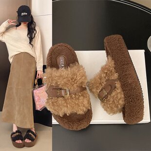 毛毛拖鞋女鞋外穿2025新款绝美厚底超火羊羔棉拖毛茸茸秋冬季增高