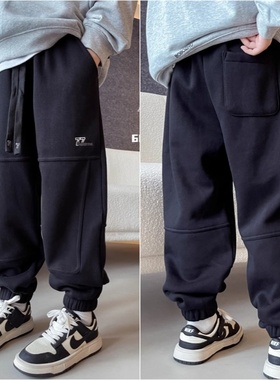 爱木橦童装2024冬新款儿童刺绣休闲裤男女童一体绒加厚运动裤6852