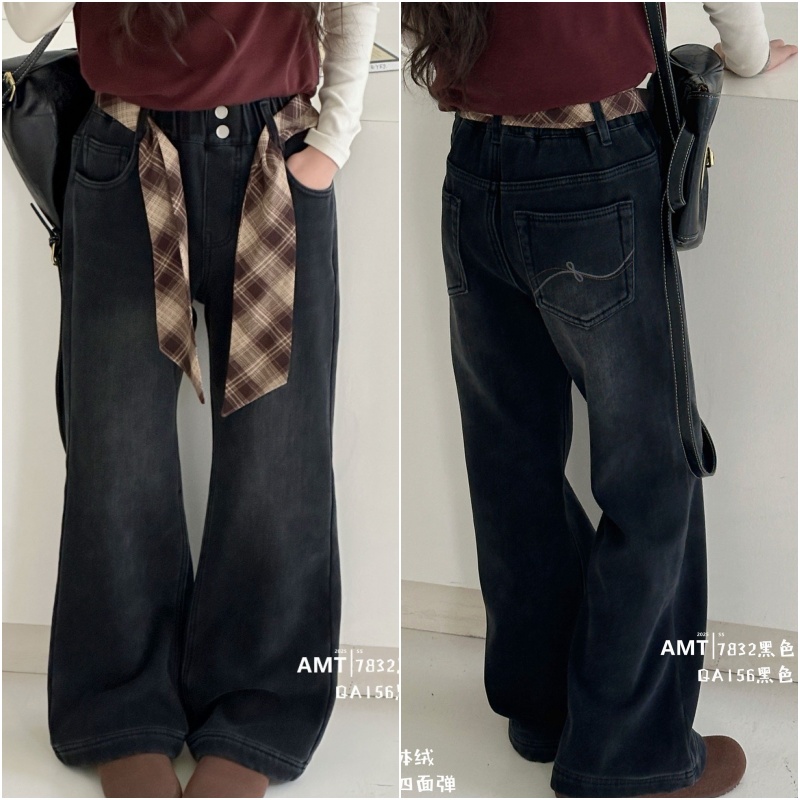 爱木橦裤子女童加绒喇叭裤牛仔裤