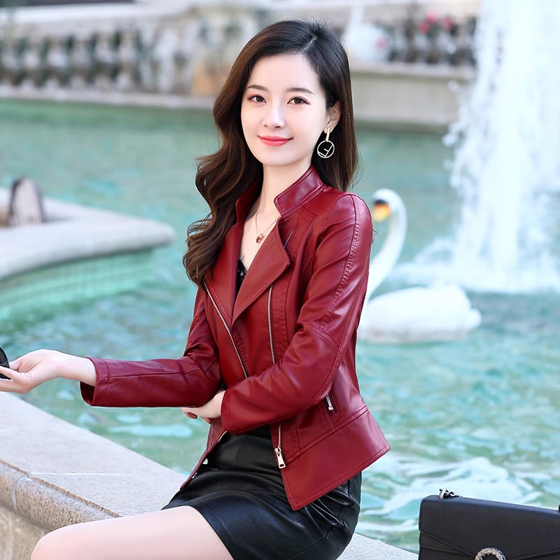 速发短款红色小皮衣外套女士春秋季2024年新款爆款时尚气质皮夹克