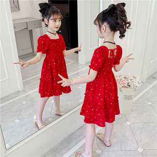 女童连衣裙夏装2020新款儿童网红超洋气雪纺裙小女孩红色短袖裙子