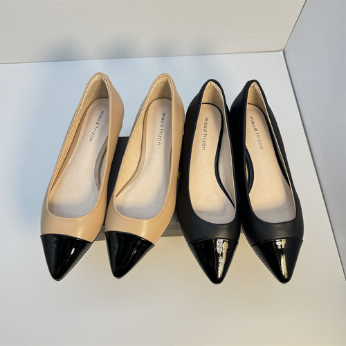 梦飞嫦拼色真皮尖头低跟通勤单鞋