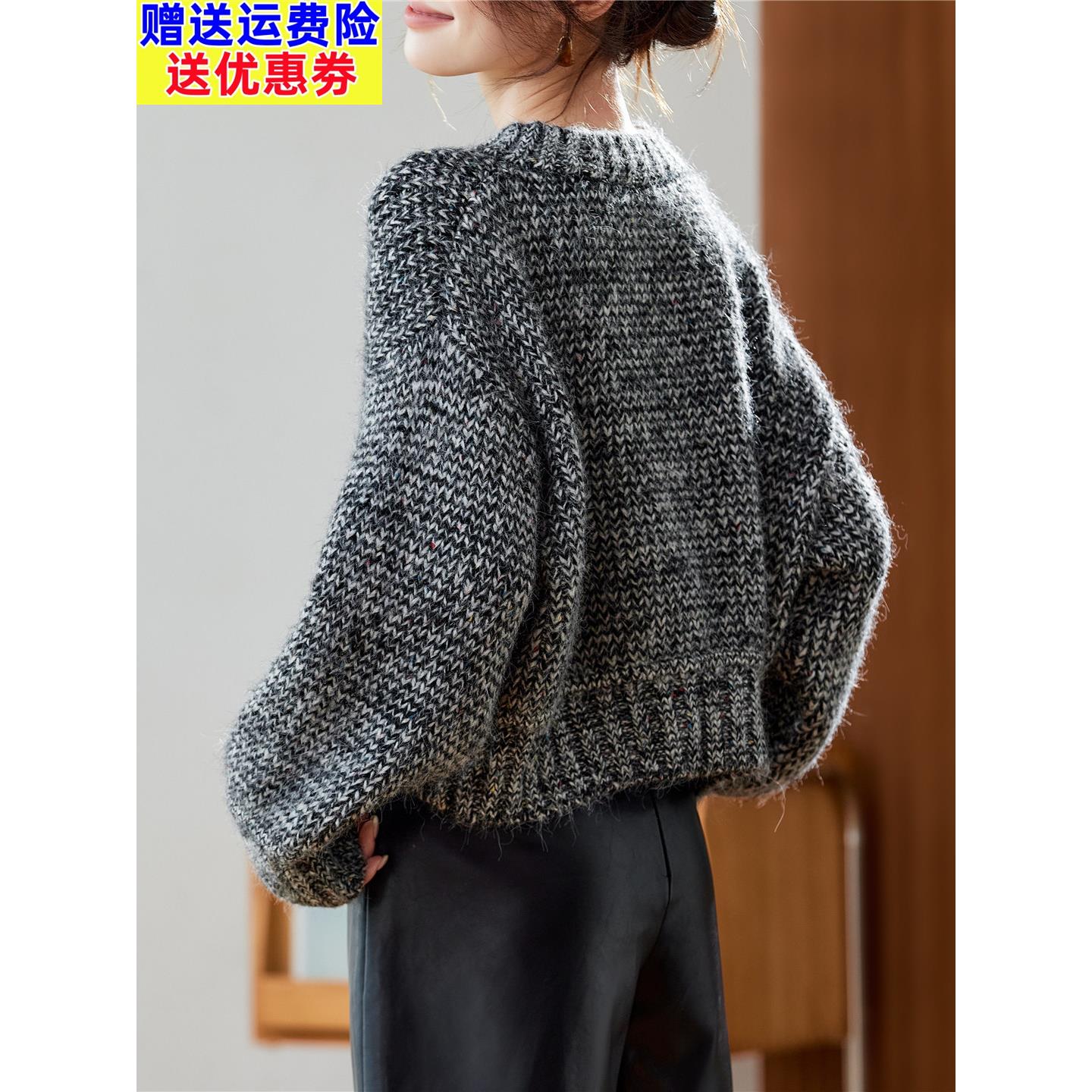 粗针花纱毛衣开衫女秋冬外穿2025新款短款高腰宽松加厚针织衫外套