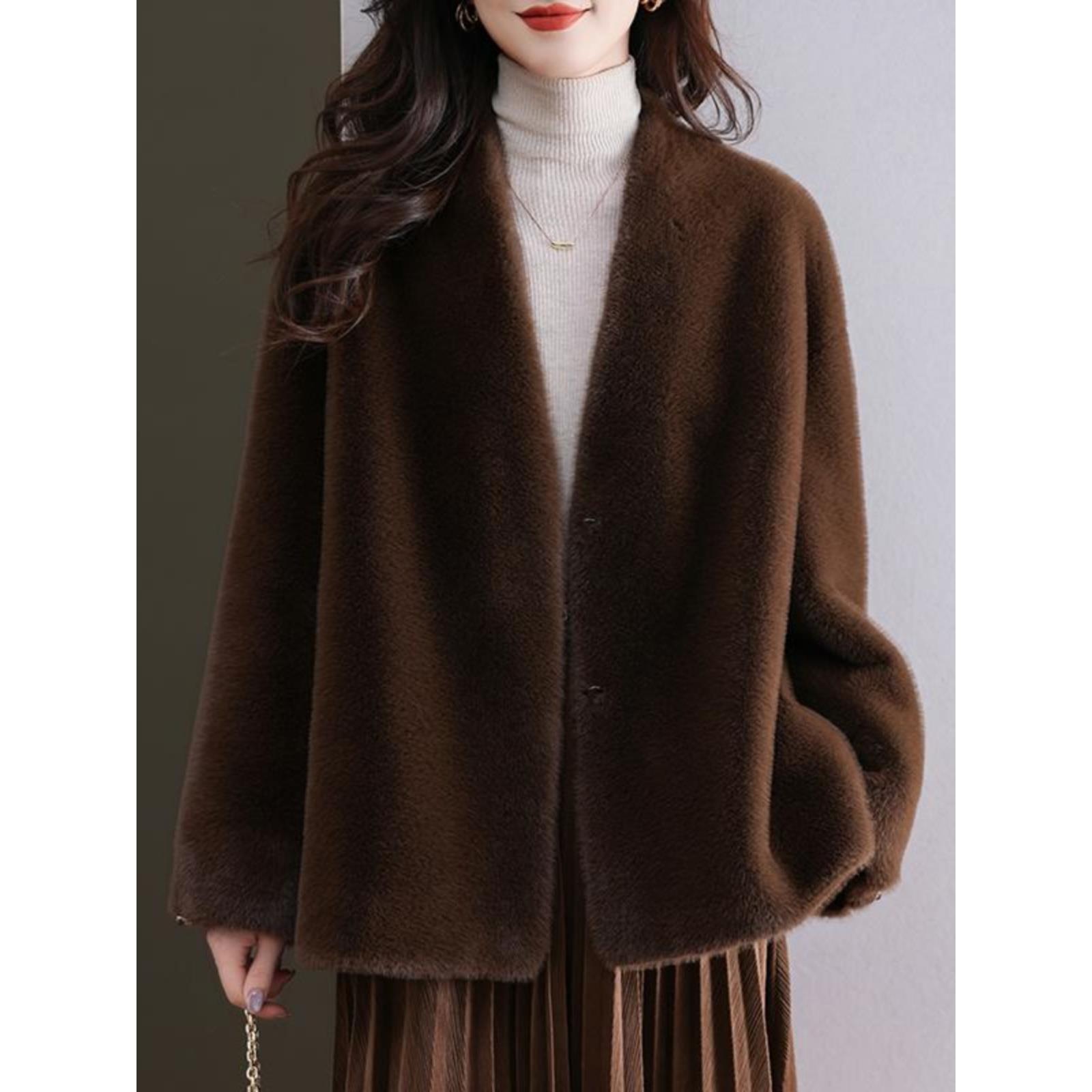 秋冬新款皮毛一体毛茸茸大衣女士慵懒宽松时尚加厚水貂绒皮草外套