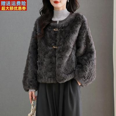 水貂绒皮草大衣外套女开衫圆领短款高腰小个子卡腰2025新款秋冬装