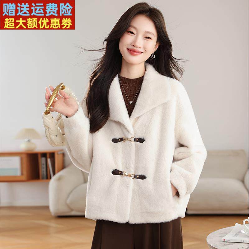 水貂绒翻领羊毛衫针织外套女开衫短款毛衣外套宽松大码2025新款秋