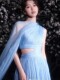 晚礼服2026新款 蓝色单肩晚宴主持宴会纱裙艺考毕业典礼礼服女生日