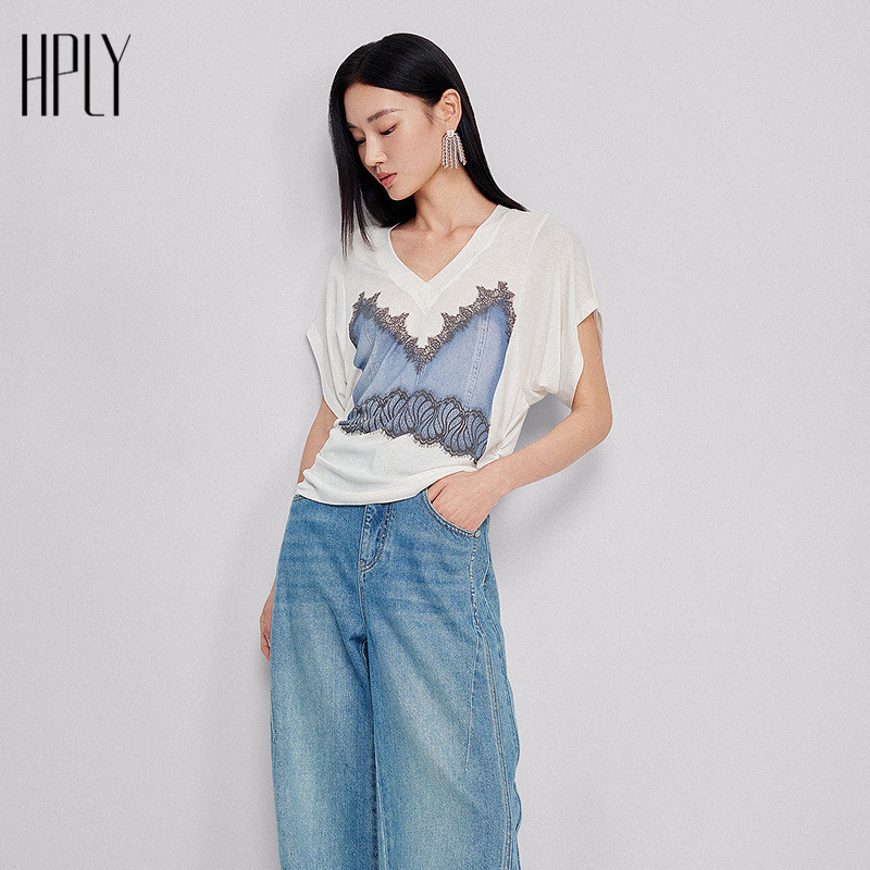 【买就送包】HPLY荷比俪26夏新款莱赛尔蕾丝印花拼接V领女T恤上衣图片
