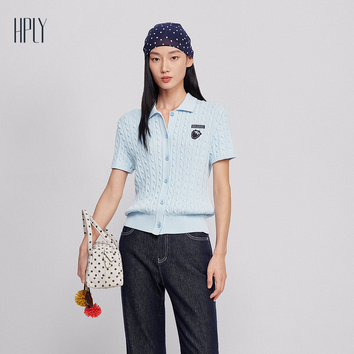 【商场同款】HPLY荷比俪2026夏新款棉POLO领麻花肌理短袖针织衫