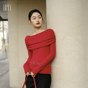 女抽褶打底柔软毛衣针织衫 商场同款 HPLY荷比俪春秋新款