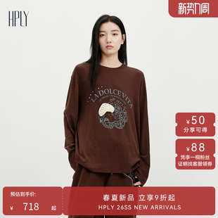 棉莫代尔圆领印花宽松长袖 HPLY荷比俪2026春新款 T恤 萌趣系列
