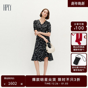 女度假风格 新款 HPLY荷比俪24夏季 浪漫印花收腰连衣裙 商场同款