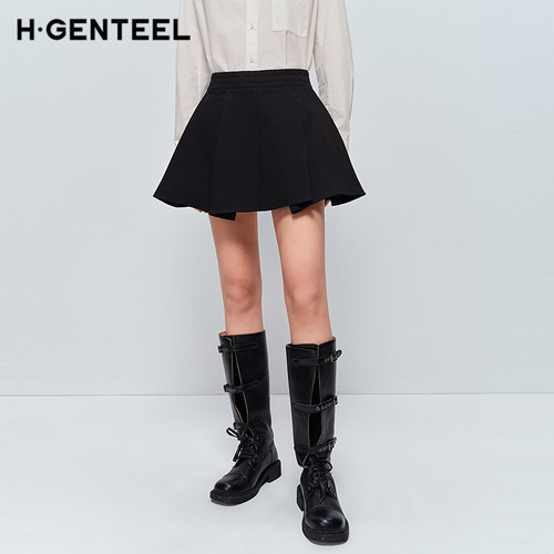 H·GENTEEL荷高春新款绵羊毛A字百褶显瘦通勤短款裙裤半身裙