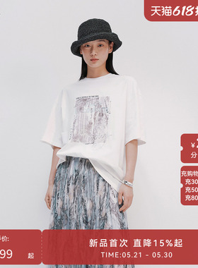 【博主同款】HPLY荷比俪2025夏新款女白色印花宽松圆领休闲T恤