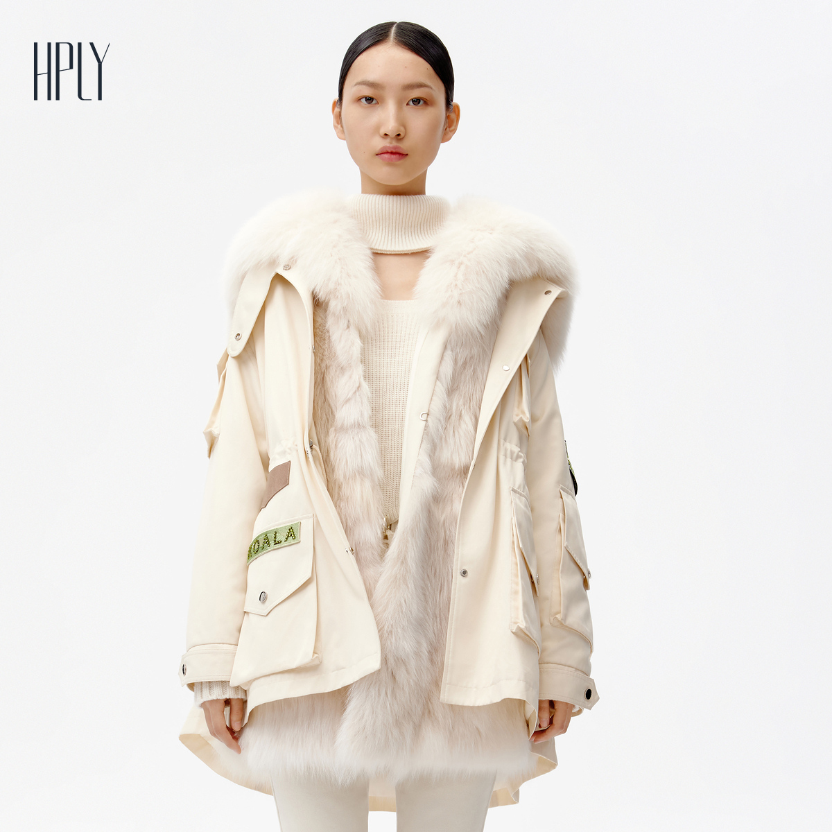 荷比俪冬季新款狐狸毛皮草派克服