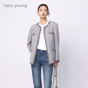 线上专享hply young荷比俪新款冬女拼接小香风编织长毛呢短款大衣