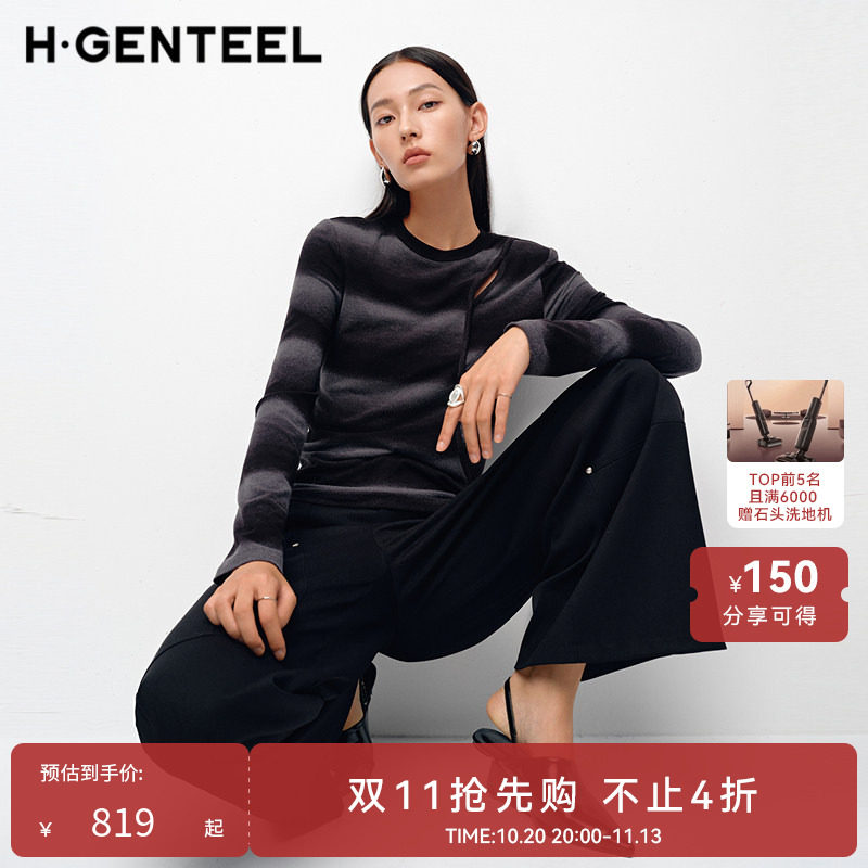 H·GENTEEL荷高新款春装女条纹渐变不对称镂空上衣GUF