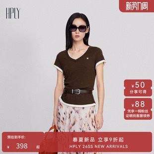 【轻氧系列】HPLY荷比俪2026夏新莱赛尔假两件抽绳爱心V领短袖T恤