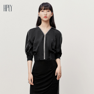 女條紋V領拉鏈羅紋收腰外套HYD25520317 新款 HPLY荷比儷2023夏季