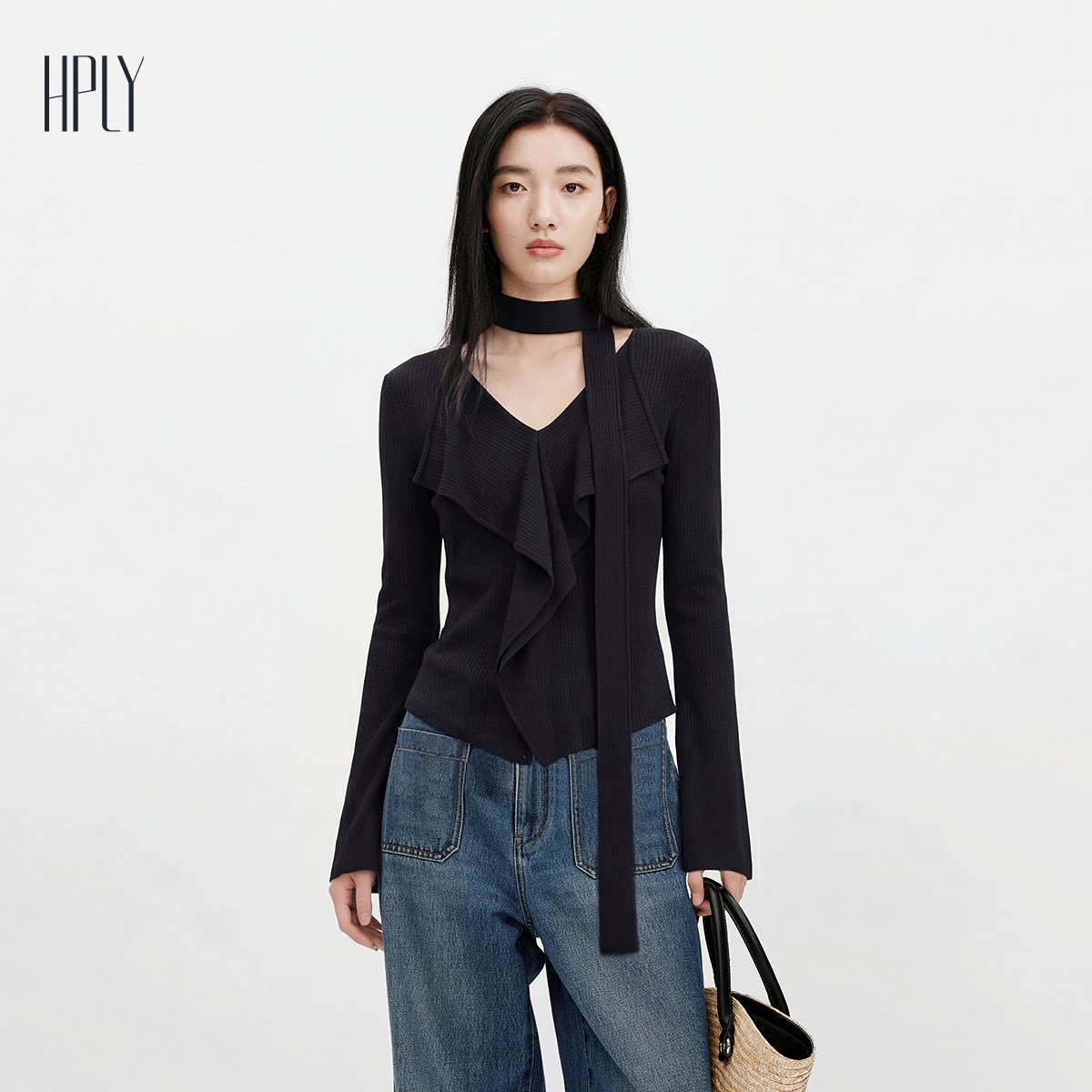 【明星同款】HPLY荷比俪秋新款女V领飘带荷叶边优雅款针织衫图片