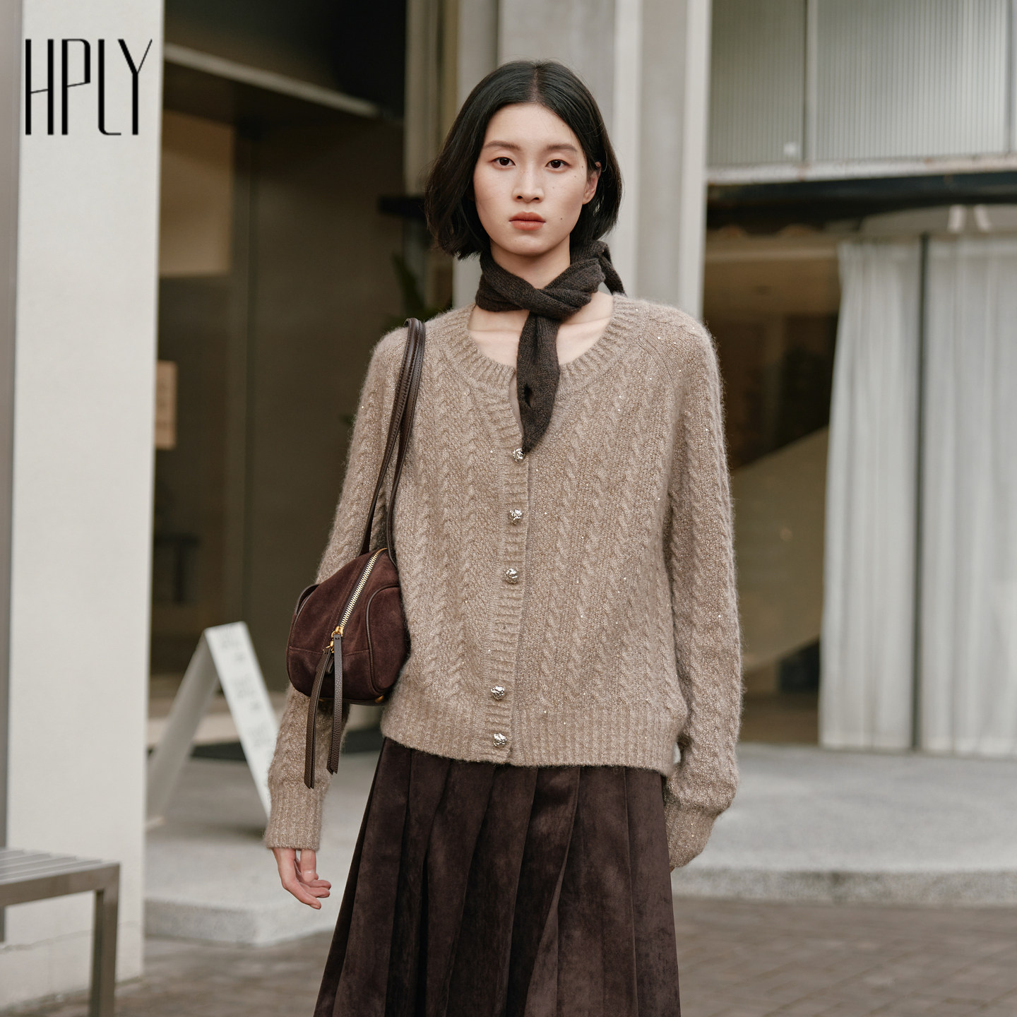 【商场同款】HPLY荷比俪2026秋新款含山羊绒美式复古麻花针织开衫