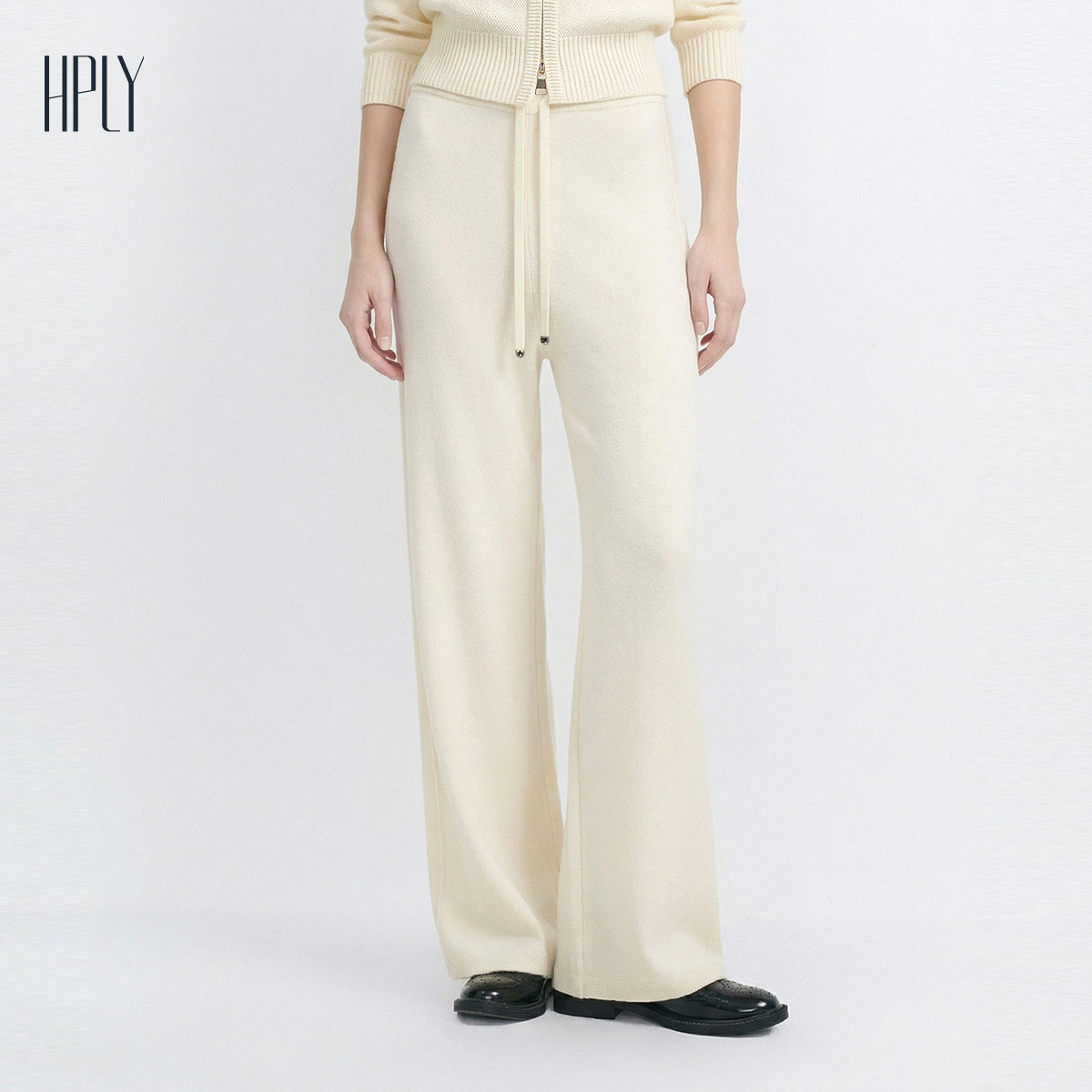 HPLY荷比俪2025冬新款100绵羊毛抽绳松紧腰针织直筒阔腿休闲裤,女装/女士精品,休闲裤,淘宝优惠券,粉丝福利购,淘宝优惠卷