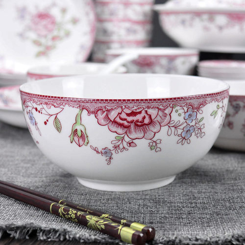 红色经典中式风花卉菜盘子陶瓷碗