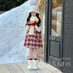 女童连衣裙冬高级感格子红色拜年服套装背心裙子冬季加厚加绒冬装