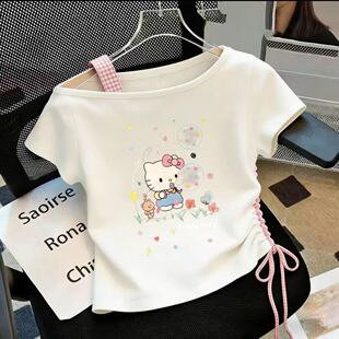 女童夏季Hello Kitty卡通印花短袖T恤女童斜领抽绳小众百搭上衣