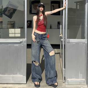 新款 ｜破洞闊腿褲 ootd 美式 高腰復古高街直筒寬松牛仔褲 春季 25th
