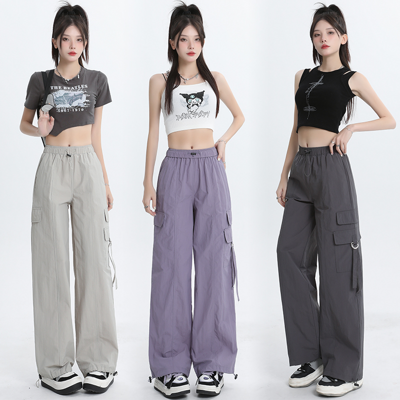 点赞261#深灰美式工装裤女港风宽松抽绳直筒阔腿束脚机能卫裤女