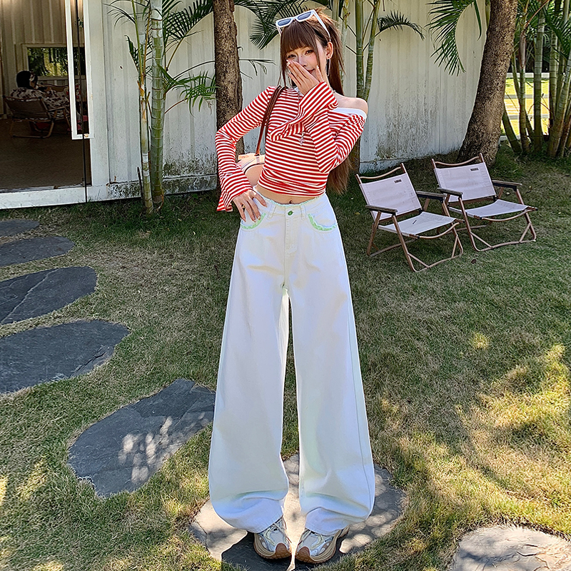 2026春装新款豚草绿色高品质定制面料阔腿裤高腰直筒裤牛仔裤女