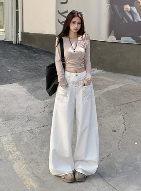 mali 玛莉&美式复古｜前贴袋刺绣设计｜宽松阔腿牛仔裤女