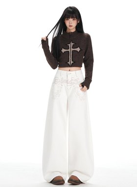 mali 玛莉&美式复古｜前贴袋刺绣设计｜宽松阔腿牛仔裤女