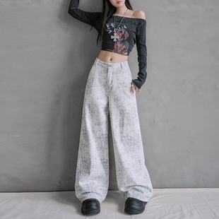 女 宽松牛仔裤 2025秋冬新款 ＆百分百纯棉时髦扎染白色高腰遮肉神裤