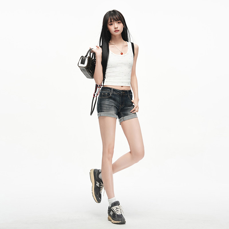 美式复古水洗磨白深蓝色卷边牛仔短裤女夏季辣妹低腰弹力包臀热裤