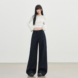 尚雅2255款藏蓝色雅痞老钱风复古直筒西裤女高腰显瘦休闲裤